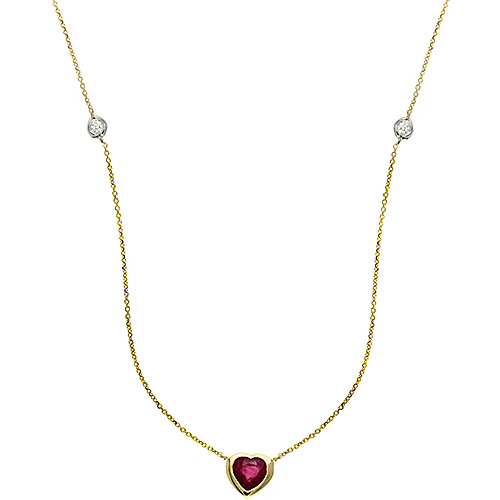14k Yellow Gold 0.6 ct Heart Ruby and Diamond Station Necklace