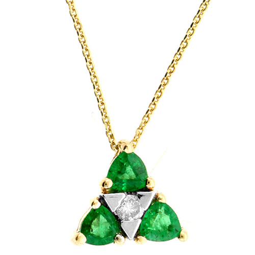 14k Yellow Gold Emerald and Diamond Triangle Necklace