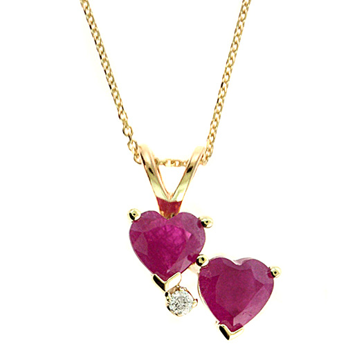 14k Yellow Gold 1.2 ct tw Two-stone Heart Ruby Necklace with Diamond