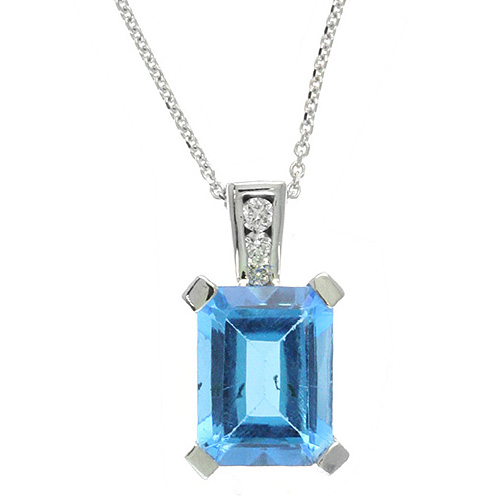 14k White Gold 2 ct Emerald-cut Blue Topaz Necklace with Diamonds