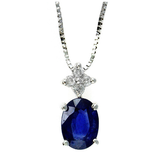 14k White Gold 1 ct Oval-cut Blue Sapphire Necklace with Diamond Cluster