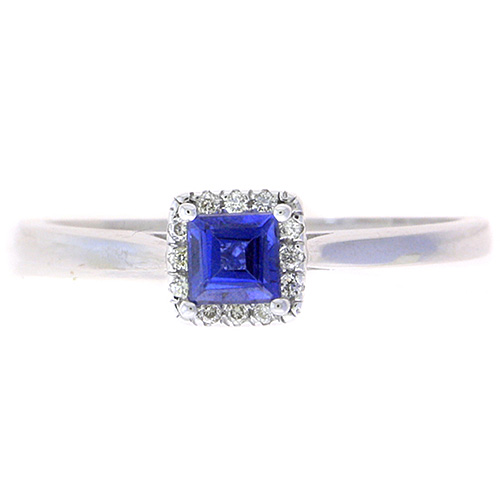14k White Gold 0.33 ct Square Blue Sapphire Halo Ring With Diamonds