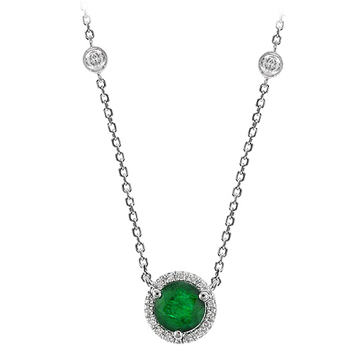 14k White Gold 0.5 ct Emerald Halo Necklace with Diamond Station Accents