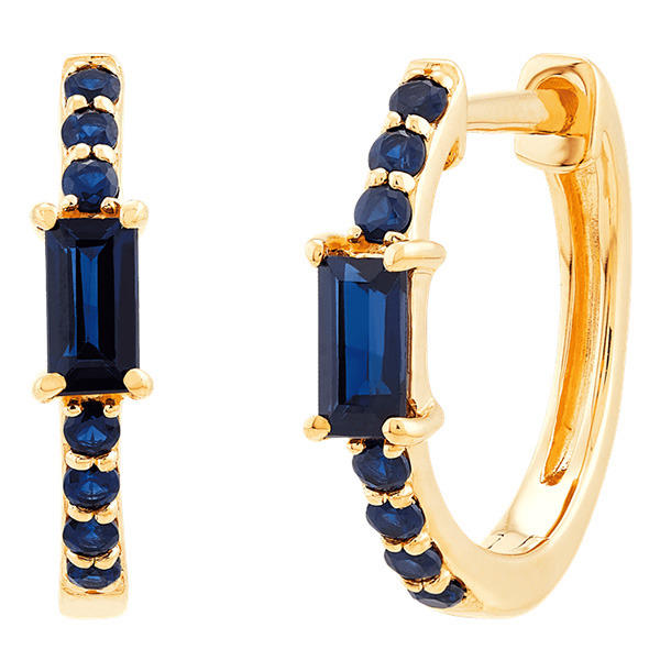 10k Yellow Gold Blue Sapphire Huggie Hoop Earrings