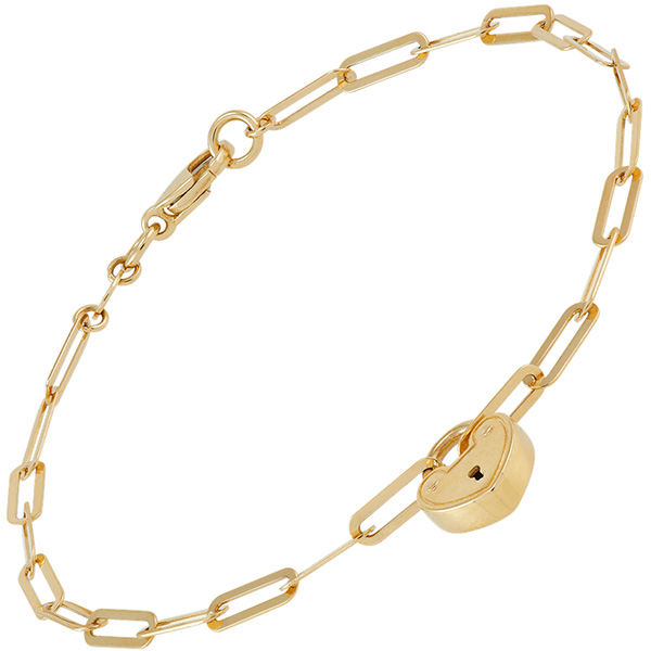 14k Yellow Gold Paperclip Chain Bracelet with Heart Lock Charm