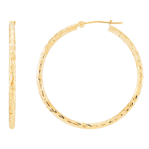 14k Yellow Gold 1.5in Crystal Cut Round Hoop Earrings 2mm