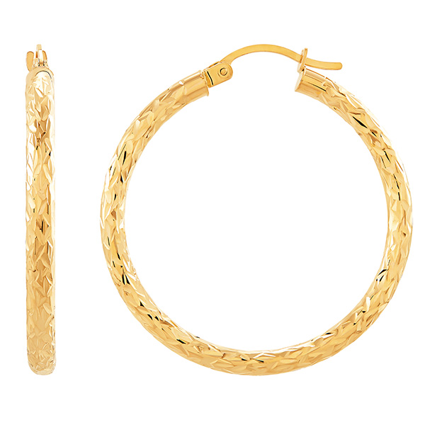 14k Yellow Gold 1.5in Crystal Cut Round Hoop Earrings 3mm