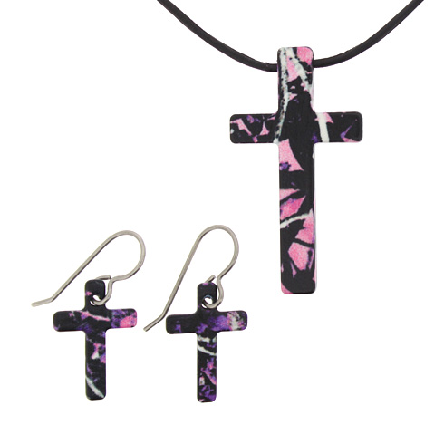 Muddy Girl Camo Cross Necklace and Earrings