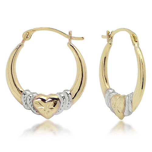 14k Two-tone Gold Heart Hoop Earrings With Diamond-cut Texture