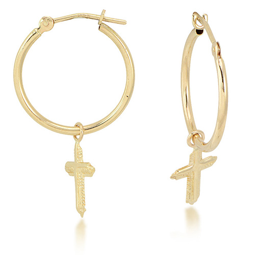 14k Yellow Gold Small Hoop Earrings with Beaded Crosses