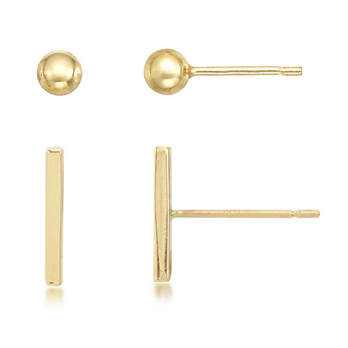 14k Yellow Gold Bar and Ball Post Earrings Set