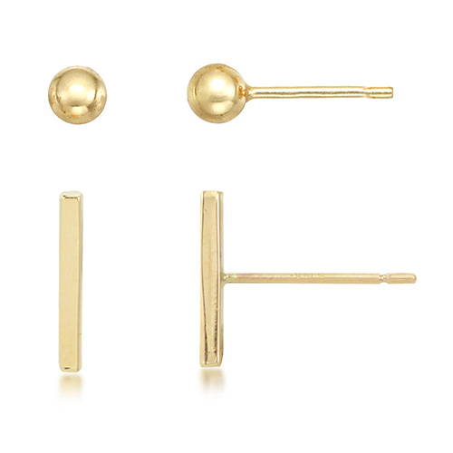 14k Yellow Gold Bar and Ball Post Earrings Set