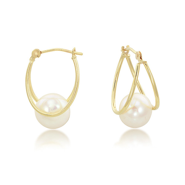 14k Yellow Gold Oval Captured Freshwater Cultured Pearl Hoop Earrings