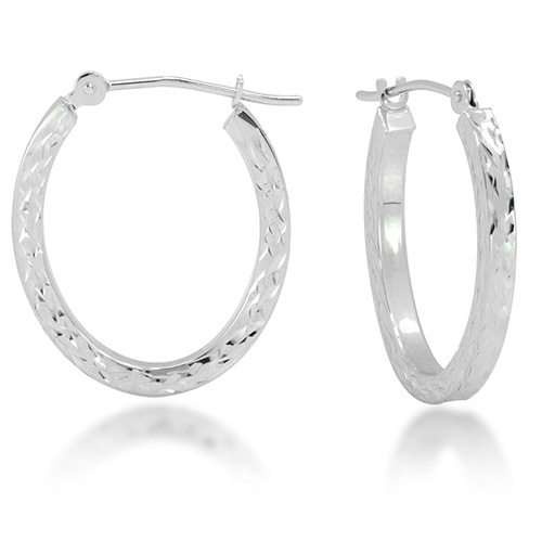 14k White Gold Diamond-cut Oval Hoop Earrings With Square Edges