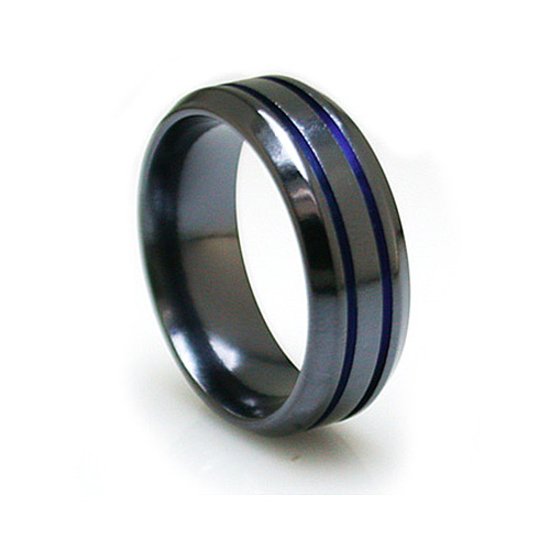 Edward Mirell 8mm Black Titanium Beveled Ring with Blue Grooves