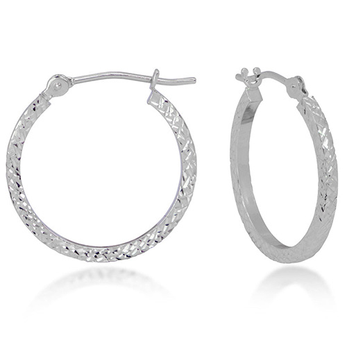 14k White Gold Diamond Cut Round Hoop Earrings With Square Edges 1in