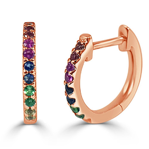 14k Rose Gold .18 ct tw Rainbow Sapphire Huggie Earrings