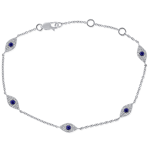 14k White Gold Blue Sapphire and Diamond Evil Eye Bracelet