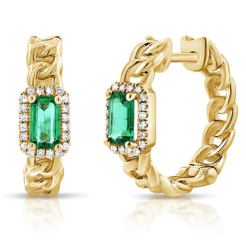 14k Yellow Gold Emerald Diamond Chain Link Huggie Hoop Earrings