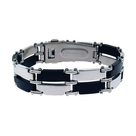 8in Black Rubber and Stainless Steel Bracelet