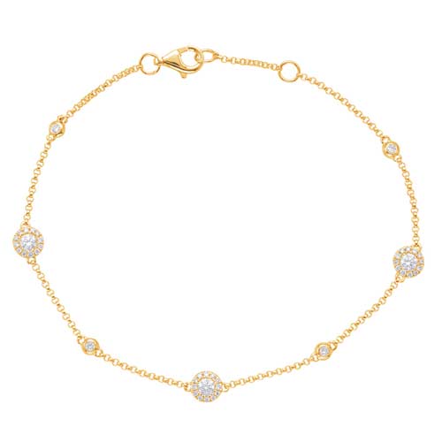 14k Yellow Gold .39 ct tw Diamond Seven Station Halo and Bezel Bracelet 7in