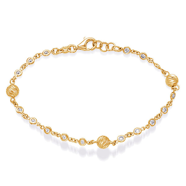14k Yellow Gold 0.80 ct tw Diamond Bezel Station with Textured Beads Bracelet