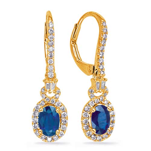14k Yellow Gold 1.1 ct tw Oval Blue Sapphire Dangle Lever Back Earrings with Diamond Accents