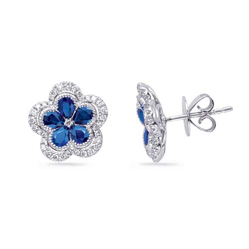 14k White Gold 1.7 ct tw Blue Sapphire Floral Earrings with Diamonds
