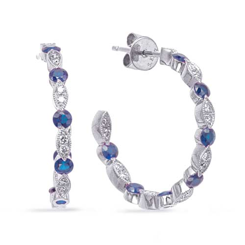 14k White Gold 1.2 ct tw Blue Sapphire and Diamond Open Hoop Earrings