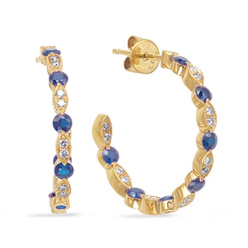 14k Yellow Gold 1.2 ct tw Blue Sapphire and Diamond Open Hoop Earrings