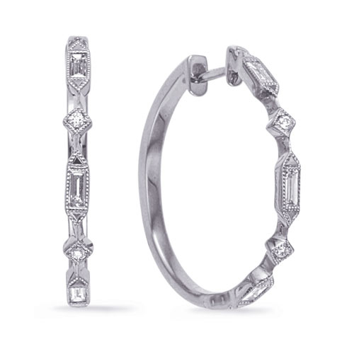 14k White Gold .36 ct tw Round and Baguette Diamond Hoop Earrings