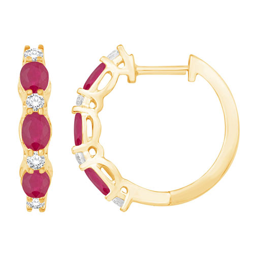14k Yellow Gold 1.44 ct tw Oval Ruby and Round Diamond Hoop Earrings