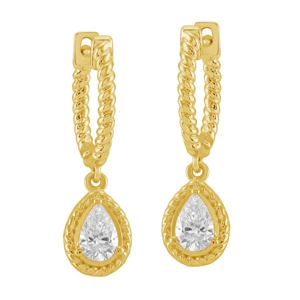 14k Yellow Gold .48 ct tw Pear Diamond Cable Hoop Dangle Earrings
