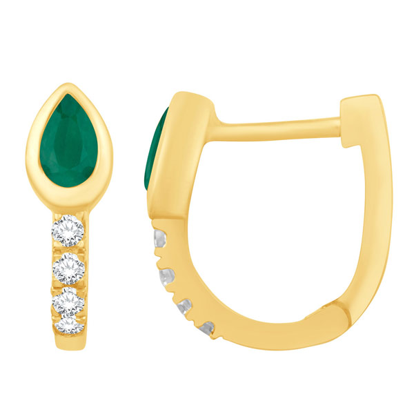 14k Yellow Gold Small Pear-cut Emerald and Round Diamond Hoop Earrings