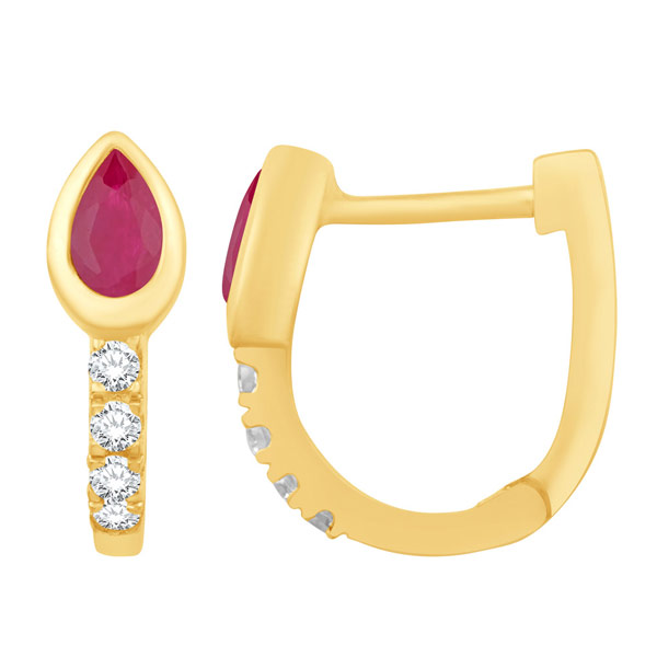 14k Yellow Gold Small Pear-cut Ruby and Round Diamond Hoop Earrings