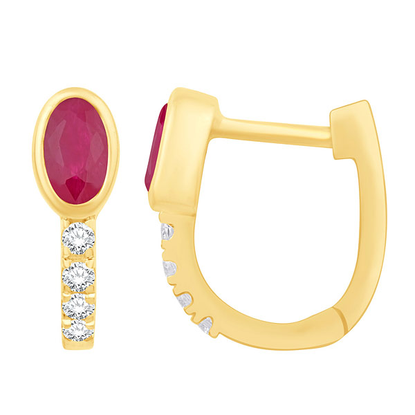 14k Yellow Gold Small Oval-cut Ruby and Round Diamond Hoop Earrings