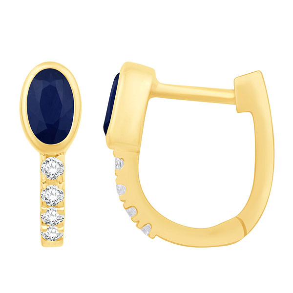 14k Yellow Gold Small Oval-cut Blue Sapphire and Round Diamond Hoop Earrings