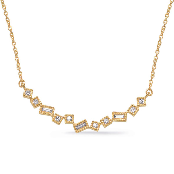 14k Yellow Gold .12 ct tw Baguette and Round Diamond Curved Bar Necklace