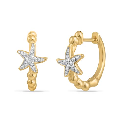 14k Yellow Gold .08 ct tw Diamond Small Starfish Hoop Earrings