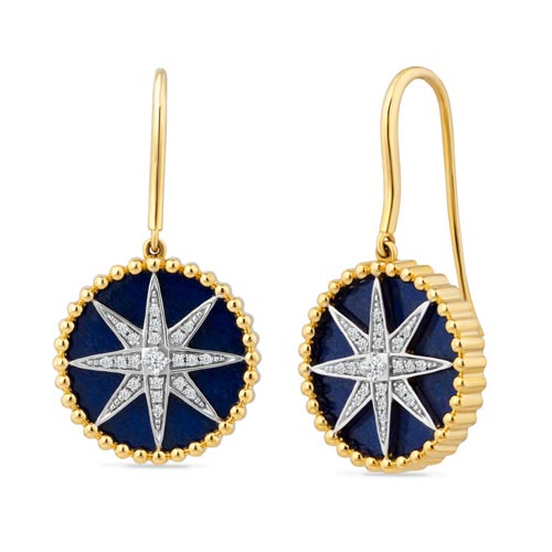 14k Yellow Gold 0.15 ct tw Diamond Lapis Compass Round Earrings