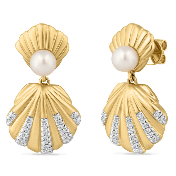 14k Yellow Gold Shell Freshwater Cultured Pearl Earrings With Diamonds