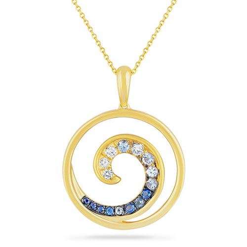 14k Yellow Gold Diamond and Blue Sapphire Wave Necklace