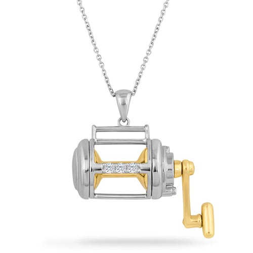 14K Two-Tone Gold .15 ct tw Diamond Fishing Reel Necklace - Fine Jewelry Gift - Joy Jewelers