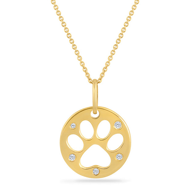 14k Yellow Gold Cut-out Dog Paw Diamond Disc Pendant