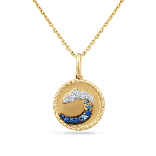 14k Yellow Gold Wave Button Necklace with Diamonds and Sapphires
