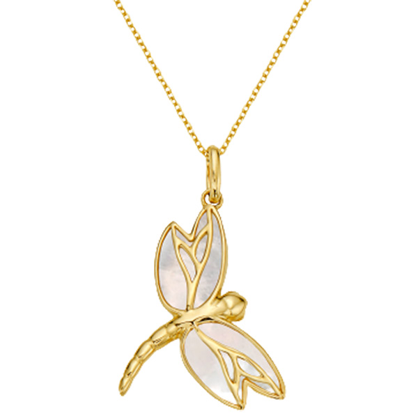 14k Yellow Gold Butterfly Mother of Pearl and Diamond Necklace