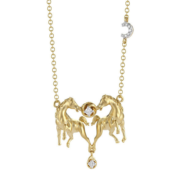 14k Yellow Gold Double Horse Diamond Necklace
