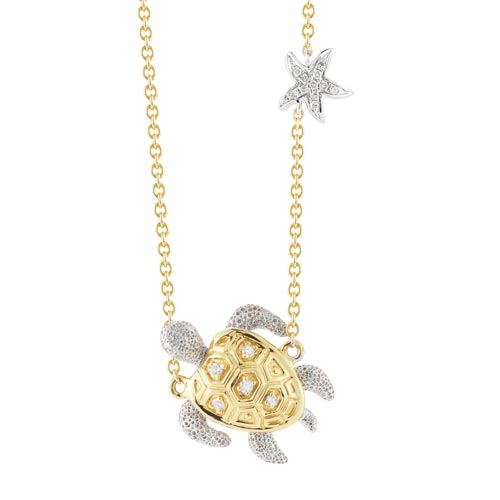 14k Yellow Gold and Rhodium Turtle Necklace with Diamond Accents