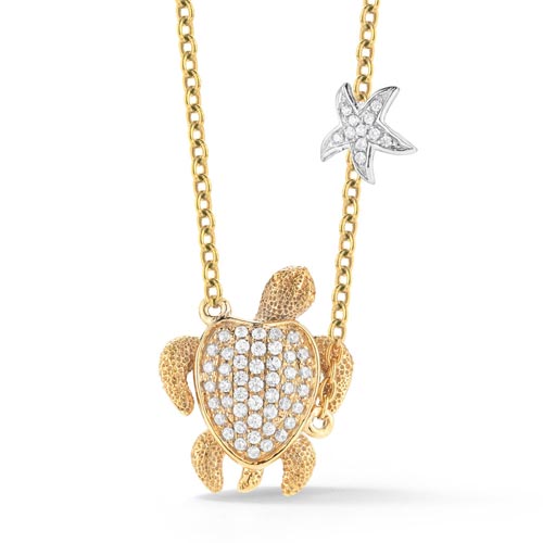 14k Yellow Gold Turtle Necklace with Starfish Charm  Diamond Accents