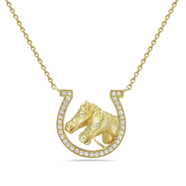 14k Yellow Gold Double Horse and Horseshoe Diamond Necklace